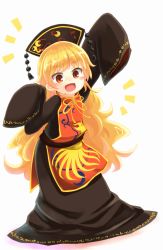 Rule 34 | 1girl, :d, absurdres, blonde hair, commentary request, dress, hat, highres, junko (touhou), kibisake, long hair, open mouth, orange eyes, oversized clothes, simple background, sleeves past wrists, smile, solo, tabard, touhou, very long hair, waifu2x, white background, wide sleeves, aged down