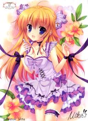 Rule 34 | 10s, 1girl, 2011, :d, absurdres, ahoge, artist name, blonde hair, blue eyes, breasts, character name, choker, cleavage, cross, dated, dress, flower, hair ribbon, highres, long hair, mitha, open mouth, orange hair, original, ribbon, ribbon choker, signature, small breasts, smile, solo, thigh strap