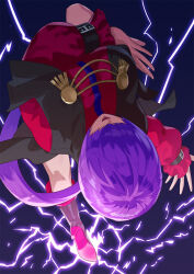Rule 34 | 1girl, breasts, cleavage, cropped jacket, electricity, facing viewer, hair over eyes, high heels, highres, jacket, jewelry, kicking, large breasts, lightning, lips, long hair, long sleeves, looking at viewer, open mouth, orochi shermie, pencil skirt, ponytail, purple hair, red jacket, red skirt, shermie (kof), skirt, snk, solo, the king of fighters, yagi2013