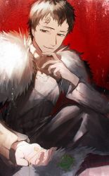 Rule 34 | 1boy, black clover, black hair, brown robe, facial mark, forehead mark, fur trim, gen me, holding, lucius zogratis, red background, red eyes, robe, smile, solo, strap
