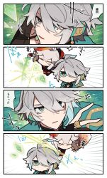 Rule 34 | 2boys, 4koma, alhaitham (genshin impact), bandaged hand, bandages, black gloves, chibi, closed eyes, comic, commentary request, genshin impact, gloves, grey hair, hair between eyes, hair over one eye, highres, holding, holding sword, holding weapon, japanese clothes, kaedehara kazuha, male focus, multicolored hair, multiple boys, no mouth, parted lips, partially fingerless gloves, ponytail, red hair, severed hair, shigetake (buroira), sparkle, streaked hair, sword, translation request, weapon