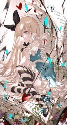 Rule 34 | 1girl, alice (alice in wonderland), alice in wonderland, blonde hair, blue eyes, book, bow, bug, butterfly, diamond (shape), earrings, english text, flower, green eyes, hair bow, heart, highres, insect, jewelry, majamari, solo, spade (shape), striped clothes, striped thighhighs, thighhighs