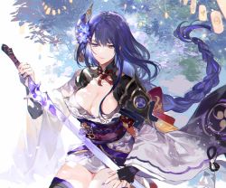 Rule 34 | 1girl, armor, braid, breasts, bridal gauntlets, cleavage, closed mouth, commentary request, floral print, flower, genshin impact, hair ornament, highres, holding, holding sword, holding weapon, japanese clothes, kimono, lantern, large breasts, light particles, long hair, long sleeves, mitsudomoe (shape), mole, mole under eye, nail polish, nevakuma (fanfanas), obi, obiage, obijime, purple eyes, purple flower, purple hair, purple nails, raiden shogun, ribbon, sash, shoulder armor, solo, sword, tassel, thighhighs, tomoe (symbol), tree, weapon, wide sleeves