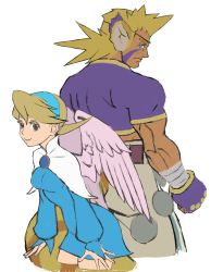 Rule 34 | 1boy, 1girl, angel wings, blonde hair, breasts, breath of fire, breath of fire iv, closed mouth, commentary request, cray (breath of fire), dress, hairband, highres, looking at viewer, nina (breath of fire iv), short hair, simple background, urasato, white background, wings
