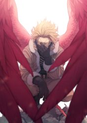 Rule 34 | 1boy, adjusting eyewear, adjusting goggles, backlighting, belt, black shirt, blonde hair, boku no hero academia, boots, brown footwear, brown gloves, brown jacket, brown pants, commentary request, covered mouth, facial mark, feathered wings, feathers, full body, fur-trimmed gloves, fur-trimmed jacket, fur trim, gloves, goggles, hawks (boku no hero academia), headphones, highres, holding, holding feather, jacket, large wings, male focus, pants, red feathers, red wings, refraction, rubble, shirt, short hair, solo, squatting, tinted eyewear, tsuu (tu-3), wings, yellow-tinted eyewear, yellow eyes