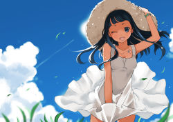 Rule 34 | 1girl, ;d, arms up, black hair, blue eyes, cloud, collarbone, day, doushimasho, dress, grass, hand on headwear, hat, long hair, looking at viewer, one eye closed, open mouth, original, sky, smile, solo, sun hat, sundress, sunlight, white dress, wind, wink