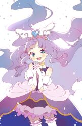 Rule 34 | 1girl, blue eyes, blush, brooch, commentary, cure majesty, detached sleeves, elbow gloves, ellee-chan, gloves, hirogaru sky! precure, homa corn, jewelry, long hair, magical girl, open mouth, precure, purple hair, smile, solo, thighhighs, two side up, very long hair, white gloves, white thighhighs, wing brooch, wing hair ornament