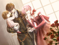 Rule 34 | 1boy, 2girls, age difference, altenna (fire emblem), blush, bridal gauntlets, brown hair, couple, dress, elbow gloves, ethlyn (fire emblem), family, father and daughter, fire emblem, fire emblem: genealogy of the holy war, flower, gloves, hetero, kimikahamu, mother and daughter, multiple girls, nintendo, pink eyes, pink hair, quan (fire emblem), rose, smile