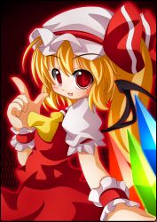 Rule 34 | 1girl, :3, absurdres, ascot, bad id, bad pixiv id, blonde hair, fang, female focus, flandre scarlet, hat, highres, red eyes, shinjitsu, side ponytail, slit pupils, solo, touhou, wings, wrist cuffs
