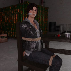 Rule 34 | 1girl, 3d, arms behind back, ball gag, bdsm, bondage, bound, bound arms, bound legs, breasts, brown eyes, brown hair, cleave gag, cloth gag, gag, gagged, improvised gag, iorel-renders, jewelry, lara croft, necklace, table, tape, tied to chair, tomb raider, tomb raider (reboot), variant set