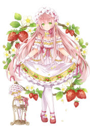 Rule 34 | 1girl, bow, braid, cake, closed umbrella, crossed legs, curtsey, detached collar, eyebrows, flower, food, food print, frills, fruit, full body, gloves, green eyes, hair bow, hairband, leaf, long hair, looking at viewer, original, pantyhose, parasol, personification, pink bow, pink hair, pocketland, print skirt, red footwear, shoes, skirt, skirt hold, smile, solo, standing, strawberry, strawberry blossoms, strawberry print, strawberry shortcake, umbrella, very long hair, waist bow, wataame27, watson cross, white background, white gloves, white pantyhose, white skirt