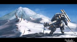 Rule 34 | avalanche, bottoms1237, from behind, highres, letterboxed, looking ahead, mecha, mountain, no humans, one-hour drawing challenge, original, robot, scenery, science fiction, snow, solo, tree