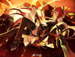 Rule 34 | 1girl, arknights, artist name, bare shoulders, black dress, black footwear, black jacket, black thighhighs, breasts, cleavage, closed mouth, dress, eyebrows hidden by hair, high heels, holding, holding sword, holding weapon, horns, jacket, large breasts, long hair, long sleeves, looking at viewer, midair, lava, mosi l, off shoulder, open clothes, open jacket, red eyes, red hair, smile, solo, surtr (arknights), sword, thighhighs, very long hair, weapon, weibo username