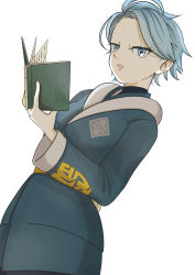 Rule 34 | 1girl, absurdres, ainu clothes, arm behind back, blue eyes, blue hair, book, cowboy shot, creatures (company), cyllene (pokemon), dutch angle, game freak, highres, holding, holding book, long sleeves, looking at viewer, nintendo, open mouth, pokemon, pokemon legends: arceus, short hair, white background