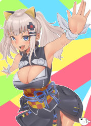Rule 34 | 1girl, :d, absurdres, animal ears, armpits, arms up, black dress, blue eyes, blue ribbon, blush, breasts, cat ears, cleavage, cleavage cutout, clothing cutout, cowboy shot, dress, fake animal ears, fang, hair ornament, hairclip, highres, kaguya luna, large breasts, leaning forward, long hair, multicolored background, obi, open mouth, outstretched arms, palms, ribbon, round teeth, sash, shirofugu, side slit, sidelocks, silver hair, sleeveless, sleeveless dress, smile, solo, standing, sweatband, teeth, the moon studio, twintails, virtual youtuber
