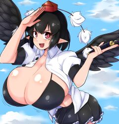 Rule 34 | 1girl, black hair, breasts, cleavage, collarbone, highres, holding, holding pen, huge breasts, midriff, miniskirt, nib pen (object), norori, open clothes, pen, red eyes, shameimaru aya, short hair, skirt, solo, touhou, wings