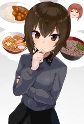 Rule 34 | 10s, 1girl, brown eyes, brown hair, curry, curry rice, food, girls und panzer, gomashi (goma), looking at viewer, nishizumi maho, nishizumi miho, noodles, ramen, rice, short hair, thinking, thought bubble
