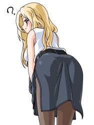 Rule 34 | 1girl, ?, ass, black pantyhose, black skirt, blonde hair, blue eyes, commentary request, cowboy shot, from behind, highres, hornet (kancolle), kantai collection, leaning forward, long hair, looking at viewer, looking back, pantyhose, pencil skirt, senkan eshi, shirt, simple background, skirt, sleeveless, sleeveless shirt, solo, white background, white shirt
