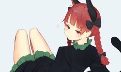 Rule 34 | 1girl, :3, animal ear fluff, animal ears, blush, bow, braid, cat ears, cat tail, dress, extra ears, green dress, heart, highres, kaenbyou rin, kuromori o, legs, looking at viewer, red eyes, red hair, simple background, smile, smug, solo, spoken heart, tail, touhou, twin braids