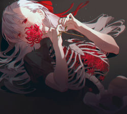 Rule 34 | 1girl, bare arms, chromatic aberration, commentary request, covering own mouth, dark sakura, fajyobore, fate/stay night, fate (series), flower, hair ribbon, hands up, heaven&#039;s feel, highres, hip bones, holding, holding flower, long hair, looking at viewer, lying, matou sakura, on back, red eyes, red flower, red ribbon, ribbon, ribs, shaded face, shirt, short sleeves, silver hair, skeleton, solo, spider lily, spine, torn clothes, torn shirt, upper body