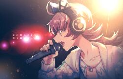 Rule 34 | 1girl, ahoge, animal ear headphones, animal ears, backlighting, bad id, bad twitter id, bang dream!, blue eyes, cat ear headphones, fake animal ears, from side, grey jacket, hand on own chest, hands up, headphones, highres, holding, holding microphone, jacket, lens flare, long hair, long sleeves, looking ahead, microphone, music, open mouth, profile, red hair, shiontaso, shirt, singing, tamade chiyu, translation request, upper body