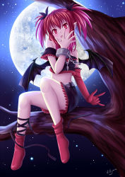 Rule 34 | 1girl, ankle lace-up, bat wings, branch, covering own mouth, crop top, crop top overhang, cross-laced footwear, demon girl, full moon, highres, looking at viewer, matching hair/eyes, medium hair, midriff, moon, open mouth, original, pointy ears, red eyes, red hair, sidelocks, sitting, sky, solo, star (sky), starry sky, tree, twintails, villyane, wings