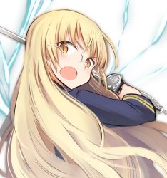 Rule 34 | 1girl, blonde hair, breasts, from behind, glasses, gradient background, long hair, looking at viewer, looking back, perrine h. clostermann, rapier, solo, strike witches, sword, tsuchii (ramakifrau), upper body, very long hair, weapon, world witches series, yellow eyes