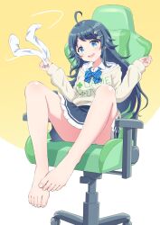 Rule 34 | 1girl, ahoge, bare legs, barefoot, blue bow, blue bowtie, blue eyes, blue hair, blue skirt, blush, bow, bowtie, breasts, chair, commentary request, commission, convenient leg, english text, eyelashes, feet, foot focus, full body, gaming chair, hair ornament, hairclip, hands up, head tilt, highres, holding, honshiro nikori, inohara koboshi, knees apart feet together, knees up, leaning back, legs, long hair, long legs, long sleeves, looking at viewer, medium breasts, motion lines, nail polish, ongeki, open mouth, panties, pleated skirt, presenting foot, school uniform, shadow, shirt, sitting, skeb commission, skirt, unworn socks, solo, swept bangs, swivel chair, tan shirt, teeth, thighs, toenail polish, toenails, toes, two-tone background, underwear, upper teeth only, white background, white panties, white shirt, yellow background