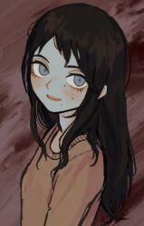 Rule 34 | 1girl, black hair, blue eyes, blush, brown sweater, chainsaw man, gradient background, io (onisarashi), long hair, looking at viewer, mole, mole under eye, multiple moles, open mouth, santa claus (chainsaw man), sideways glance, smile, solo, sweater