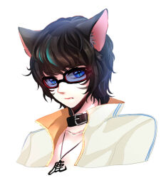 Rule 34 | 1boy, animal ear fluff, animal ears, belt collar, black-framed eyewear, black collar, black hair, blade &amp; soul, blue eyes, cat ears, closed mouth, collar, commentary request, expressionless, glasses, jewelry, lanmei jiang, looking at viewer, lyn (blade &amp; soul), male focus, medium bangs, necklace, open clothes, open shirt, shirt, short hair, solo, upper body, variant set, wavy hair, white shirt