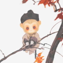 Rule 34 | autumn leaves, black footwear, black hat, black pants, chibi, curious, day, furry, furry male, grey robe, hands up, hat, in tree, journey to the west, journey to the west (1986 tv series), long sleeves, looking at viewer, mian lang, monkey boy, nature, outdoors, pants, photo-referenced, red eyes, robe, sitting, socks, sun wukong, tree, white background, white socks