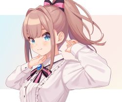 Rule 34 | 1girl, :3, arms up, blue eyes, blush, bow, bowtie, brooch, collared shirt, frilled shirt, frills, gradient background, hair bow, highres, jewelry, light brown hair, long sleeves, looking at viewer, nijisanji, ponytail, shigure ui, shirt, sidelocks, smile, solo, striped, striped bow, suzuhara lulu, upper body, virtual youtuber
