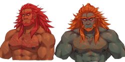 Rule 34 | 2boys, abs, absurdres, bara, beard, blush, character request, chest hair, colored skin, completely nude, cropped torso, dark-skinned male, dark skin, facial hair, ganondorf, ghangaji, green skin, highres, large pectorals, long hair, male focus, mature male, multiple boys, muscular, muscular male, nintendo, nipples, nude, orange hair, pectorals, the legend of zelda, thick eyebrows, white background, wrinkled skin, yellow eyes