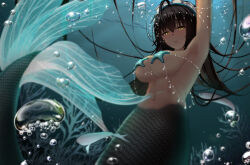 Rule 34 | 1girl, ahoge, air bubble, arm up, armpits, black hair, blue archive, breasts, bubble, dark skin, ear due, fish, grey tail, highres, karin (blue archive), large breasts, long hair, looking at viewer, maid headdress, mermaid, monster girl, monsterification, navel, pasties, solo, starfish bikini, underwater, yellow eyes