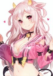 Rule 34 | 1girl, absurdres, animal ears, bell, neck bell, blush, bra, braid, breasts, choker, cleavage, cow ears, cow girl, cow horns, cow tail, detached sleeves, heart, highres, horns, large breasts, long hair, looking at viewer, mika pikazo, multiple braids, navel, original, purple eyes, ribbon choker, silver hair, simple background, smile, solo, star (symbol), star in eye, symbol in eye, tail, underwear, upper body, white background, white bra