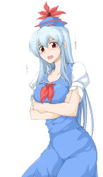 Rule 34 | 1girl, blue hair, blush, collarbone, crossed arms, dress, elf (stroll in the woods), female focus, hat, highres, hmx99 elf, kamishirasawa keine, long hair, open mouth, red eyes, simple background, solo, touhou, translation request, white background