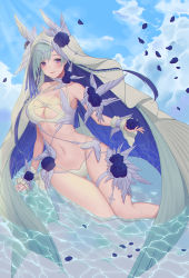 Rule 34 | 1girl, baeg mi, bare shoulders, bikini, blue flower, blue rose, blue sky, breasts, brynhildr (fate), brynhildr (swimsuit berserker) (fate), brynhildr (swimsuit berserker) (third ascension) (fate), chain, cleavage, closed mouth, cloud, collarbone, commentary request, cross-laced bikini, cross-laced clothes, day, fate/grand order, fate (series), feathers, flower, forehead, frills, gluteal fold, green hair, hair flower, hair ornament, highres, knees together feet apart, large breasts, looking at viewer, navel, official alternate costume, outdoors, petals, purple eyes, red lips, reflection, reflective water, rose, sky, smile, solo, swimsuit, thigh gap, thigh strap, veil, white bikini, wings, wrist cuffs