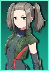 Rule 34 | 1girl, black bodysuit, bodysuit, breasts, covered navel, cropped vest, elbow gloves, gloves, green background, green eyes, green vest, highres, kamidan, light brown hair, medium hair, revision, shania (xenoblade), skin tight, small breasts, solo, twintails, upper body, vest, xenoblade chronicles (series), xenoblade chronicles 3