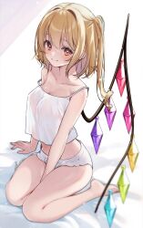 Rule 34 | 1girl, absurdres, barefoot, blonde hair, breasts, camisole, closed mouth, collarbone, crystal, flandre scarlet, hair between eyes, haruki (colorful macaron), highres, long hair, looking at viewer, medium breasts, one side up, red eyes, signature, smile, solo, touhou, white camisole, wings