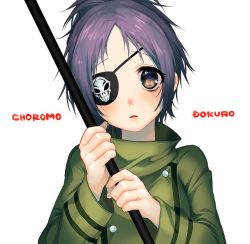 Rule 34 | 1girl, blue hair, breasts, chrome dokuro, commentary request, eyepatch, katekyo hitman reborn!, looking at viewer, open mouth, polearm, school uniform, short hair, simple background, solo, weapon, white background
