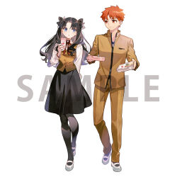 1boy 1girl :o bento black_bow black_hair black_pantyhose black_skirt blue_eyes bow brown_jacket brown_pants collared_shirt curtained_hair drinking_straw emiya-san_chi_no_kyou_no_gohan emiya_shirou fate/stay_night fate_(series) full_body grin hair_bow holding holding_bento holding_carton holding_milk_carton homurabara_academy_school_uniform jacket long_hair long_sleeves looking_at_another milk_carton official_art open_mouth orange_eyes orange_hair pants pantyhose red_bow sample_watermark school_uniform shirt short_hair simple_background skirt smile standing strawberry_milk taa_(acid) tohsaka_rin two_side_up undershirt walking watermark white_background white_footwear white_shirt wing_collar