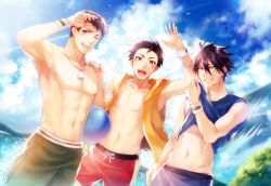 Rule 34 | 10s, 3boys, :d, ;), abs, ahoge, akuno hideo, armband, ball, beach, black hair, blue eyes, blue male swimwear, blue sky, blue swim trunks, brown hair, clothes lift, cloud, cloudy sky, collarbone, cowboy shot, day, dog tags, drawstring, dutch angle, frame (idolmaster), green male swimwear, green swim trunks, groin, hand on shoulder, highres, idolmaster, idolmaster side-m, jewelry, kimura ryu, looking at viewer, male focus, male swimwear, midriff, multiple boys, muscular, navel, necklace, one eye closed, open mouth, outdoors, parted lips, purple eyes, red eyes, red male swimwear, red swim trunks, shading eyes, sharp teeth, shingen seiji, shiron (shiro n), shirt lift, sky, smile, smiley face, sweat, swim trunks, swimsuit, teeth, topless male, water, wristband