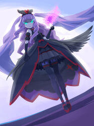 Rule 34 | 1girl, 32zzz, angel wings, aqua eyes, black dress, black gloves, black skirt, black thighhighs, black wings, colored skin, corruption, cure majesty, dark persona, detached sleeves, dress, elbow gloves, flaming eyes, frilled skirt, frilled thighhighs, frills, full body, gloves, grey skin, hair ornament, heart, heart hair ornament, highres, hirogaru sky! precure, layered dress, long hair, low wings, parted lips, pleated skirt, precure, purple hair, short sleeves, single wing, skirt, solo, thighhighs, two side up, very long hair, wing hair ornament, wings
