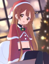 Rule 34 | 1girl, :d, absurdres, bell, black pantyhose, blurry, blurry background, blush stickers, bow, bowtie, brown eyes, brown hair, capelet, christmas, christmas lights, christmas tree, commentary request, fur-trimmed capelet, fur-trimmed headwear, fur trim, green bow, green bowtie, happy, hat, highres, long hair, long sleeves, looking at viewer, mesushio, midriff, navel, oomuro-ke, oomuro hanako, open mouth, pantyhose, pom pom (clothes), red capelet, red hat, red skirt, sack, santa costume, santa hat, sitting, skirt, smile, solo, very long hair, yuru yuri