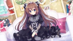 Rule 34 | 1girl, ahoge, black bow, black dress, black footwear, black skirt, blue eyes, bow, brown hair, clothes hanger, corset, couch, dot nose, dress, dressing room, dutch angle, film grain, frilled dress, frills, game cg, grey pantyhose, hair bow, hands on lap, indoors, izumi tsubasu, lace sleeves, lens flare, lolita fashion, long hair, looking at viewer, non-web source, official art, on couch, painting (object), pantyhose, parted lips, picture frame, pillow, platform footwear, platform heels, puffy short sleeves, puffy sleeves, re:stage!, shikimiya aone, short sleeves, sitting, skirt, solo, sparkle, two side up, wariza, wreath, wrist cuffs
