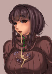 Rule 34 | 1girl, black hair, breasts, brown eyes, cum, cum in mouth, cum on body, cum on breasts, cum on clothes, cum on upper body, cumdrip, large breasts, lips, open mouth, original, ribbed sweater, sashizume soutarou, short hair, sidelocks, solo, sweater, turtleneck, vomit