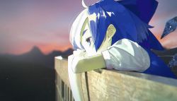 Rule 34 | 1girl, against railing, ahoge, blue bow, blue dress, blue eyes, blue hair, blurry, blurry background, bow, cirno, commentary request, crossed arms, dress, fairy wings, from side, hair bow, highres, ice, ice wings, pikumin, profile, puffy short sleeves, puffy sleeves, railing, short sleeves, solo, touhou, upper body, wings