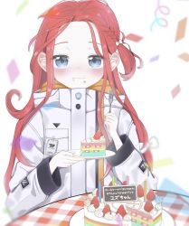 Rule 34 | 1girl, blue archive, blue eyes, blush, cake, commentary request, confetti, food, forehead, happy birthday, highres, long hair, plate, red hair, simple background, smile, solo, table, white background, yuzu (blue archive)