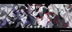 Rule 34 | 2boys, 2girls, abstract background, absurdres, aged down, ahoge, antenna hair, arknights, artist name, ascot, bare legs, belt, black ascot, black belt, black capelet, black footwear, black gloves, black hair, black halo, black jacket, black ribbon, black shirt, black shorts, black skirt, black wings, blouse, blue eyes, blue hair, blue wings, blunt bangs, board game, bow (music), breasts, broken halo, buttons, cable, capelet, chess, chess piece, chessboard, chinese commentary, cloak, clone, closed mouth, collared jacket, collared shirt, colored inner hair, commentary request, cousins, crossed bangs, cube, dark halo, detached wings, dress shirt, earpiece, elbow gloves, energy wings, executor (arknights), executor the ex foedere (arknights), expressionless, fingerless gloves, fingernails, floating cape, floating clothes, floating hair, from above, from side, full body, gloves, grey background, grey eyes, grey hair, grey shirt, hair between eyes, halo, hand up, happy, high collar, high heels, highres, hime cut, holding, holding bow (music), holding chess piece, jacket, king (chess), kiolkoooo, layered sleeves, letterboxed, light particles, long bangs, long hair, looking at another, looking at viewer, looking down, looking to the side, looking up, mechanical halo, medal, medium breasts, messy hair, mole, mole under eye, multicolored hair, multiple boys, multiple girls, neck ribbon, necktie, official alternate costume, parted lips, pawn (chess), pumps, purple hair, queen (chess), red cloak, ribbon, rook (chess), shade, shirt, shoes, short hair, short shorts, short sleeves, shorts, sidelocks, skirt, smile, socks, square neckline, standing, straight hair, strap, tongue, turning head, turtleneck, turtleneck jacket, two-sided capelet, two-sided fabric, two-sided skirt, two-tone cloak, two-tone hair, upper body, very long hair, virtuosa (arknights), walking, watermark, weibo logo, weibo watermark, white cloak, white jacket, white necktie, white socks, wide sleeves, wing collar, wings