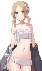 Rule 34 | 1girl, abigail williams (fate), abigail williams (swimsuit foreigner) (fate), abigail williams (swimsuit foreigner) (third ascension) (fate), absurdres, alternate hair length, alternate hairstyle, bare shoulders, bikini, blue eyes, blush, breasts, collarbone, fate/grand order, fate (series), forehead, highres, kopaka (karda nui), light brown hair, looking at viewer, navel, parted bangs, short hair, small breasts, smile, solo, swimsuit, thighs, white background, white bikini
